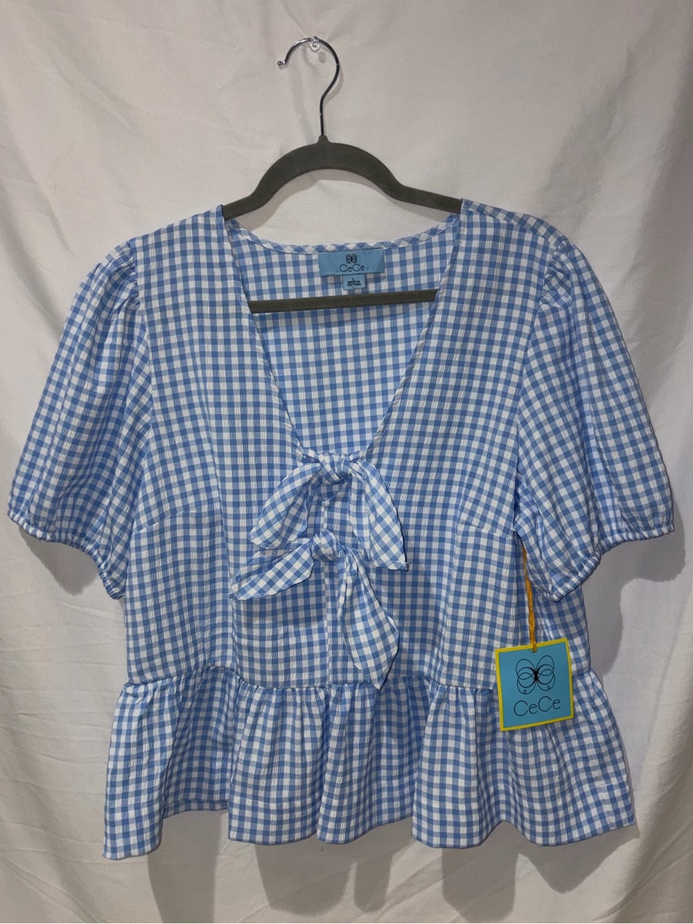CeCe Light Blue White Gingham Tie-Front Peplum Blouse